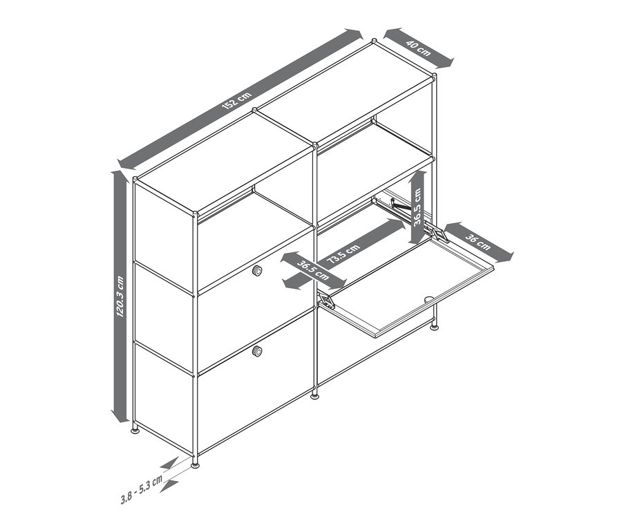 Abbildung einer Kommode Metall »CN3« mit Klappenfächern und Massangaben.