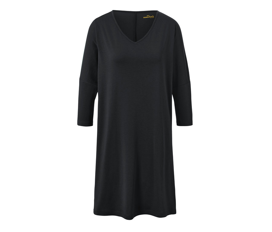 Schwarzes Nachthemd mit langen Ärmeln und V-Ausschnitt.