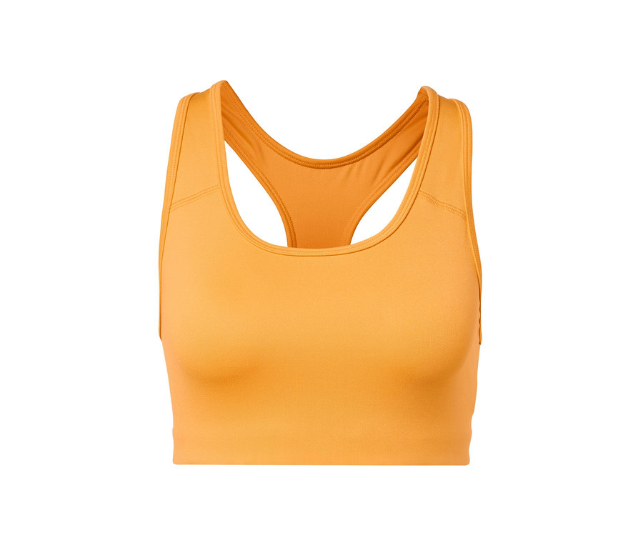 Orangefarbenes Sport-Bustier aus einem zweiteiligen Set vor weißem Hintergrund.