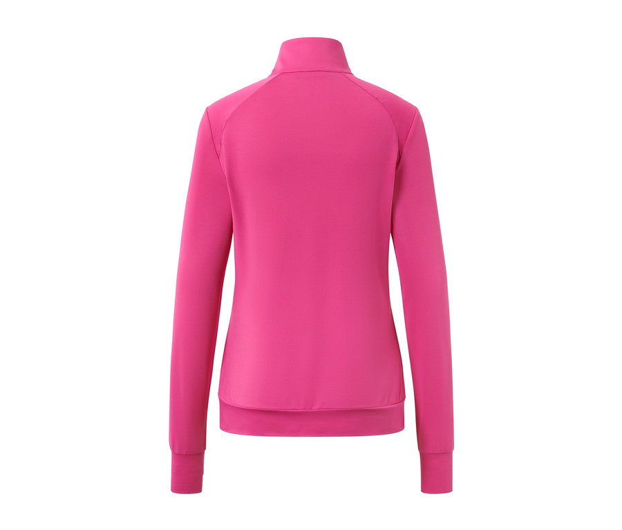 Rückansicht einer fuchsiafarbenen Funktionsjacke.