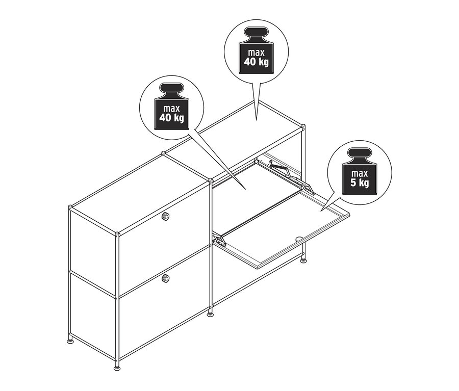Zeichnung eines Metall Sideboards »CN3« mit 4 Klappen, von denen eine geöffnet ist.