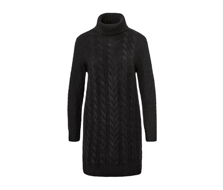 Langer Strickpullover mit Zopfmuster, schwarz.