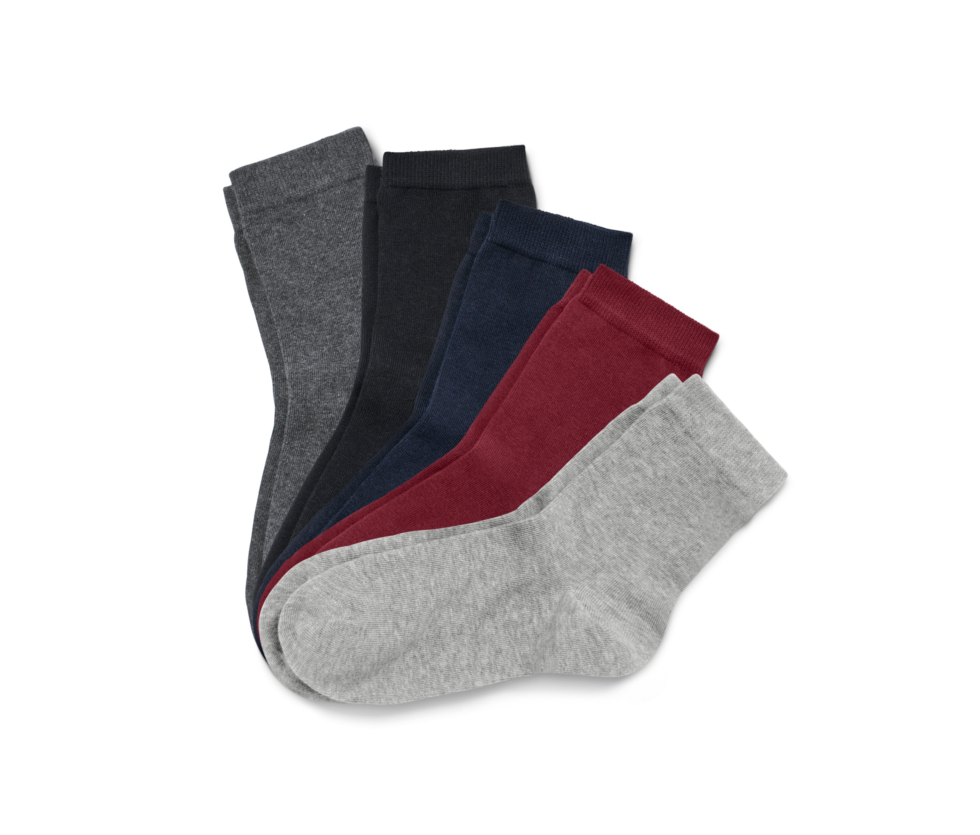 Fünf Paar Socken in den Farben Grau, Schwarz, Dunkelblau, Weinrot und Hellgrau liegen übereinander.