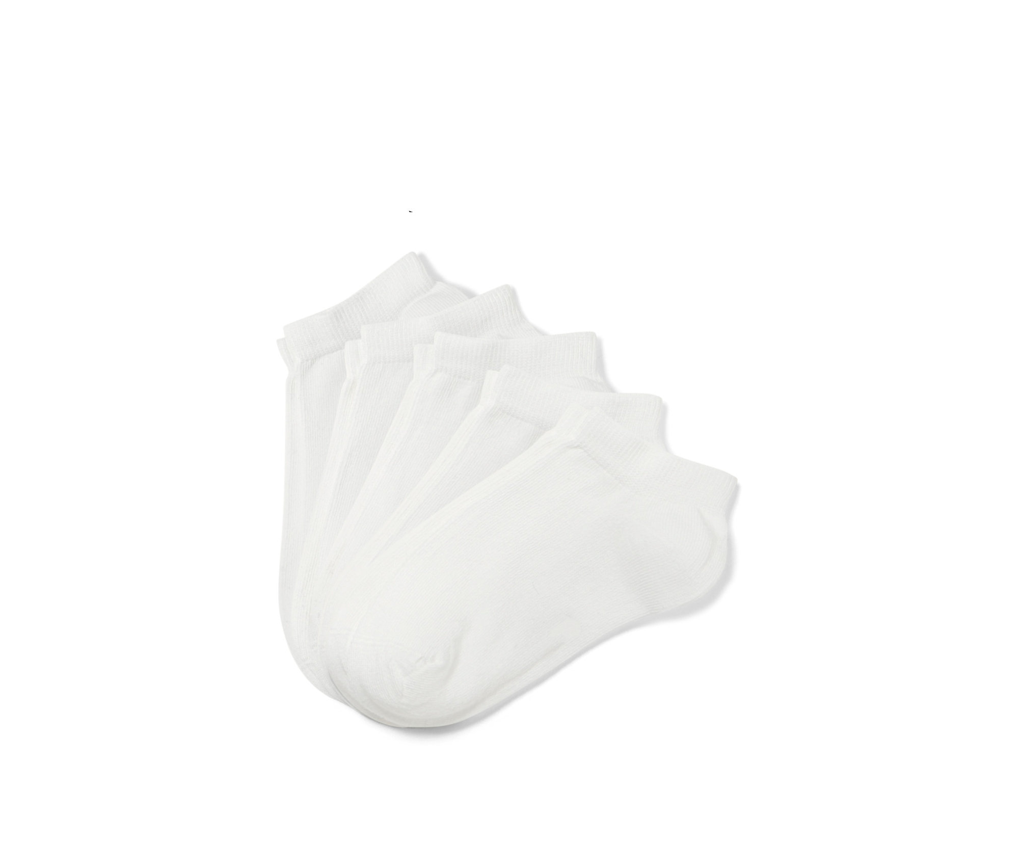 Fünf Paar weiße Kinder-Sneakersocken liegen übereinander.