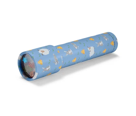 Blaues Kaleidoskop mit Schaf-, Hasen- und Käsemuster.