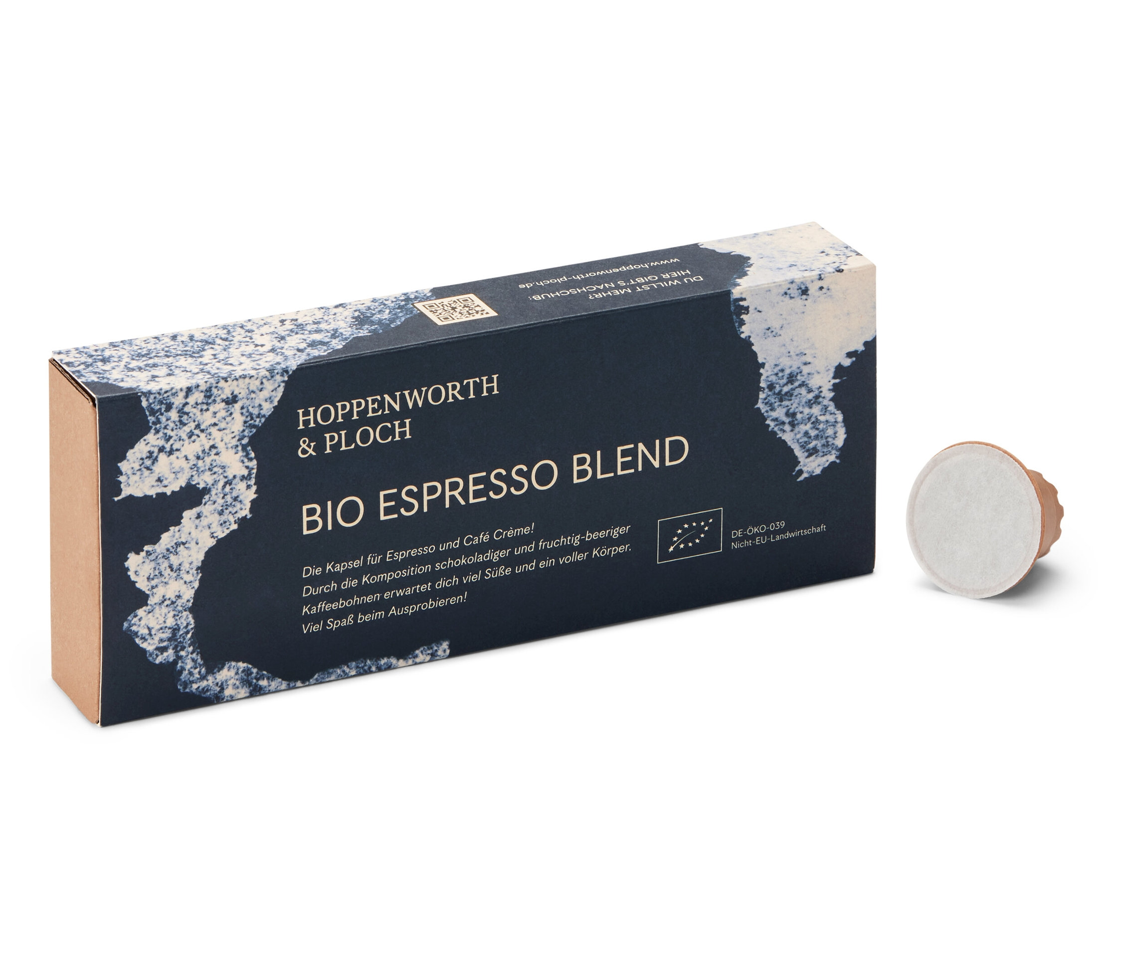 Eine Packung Hoppenworth & Ploch - Bio Espresso Blend und eine Kapsel daneben.