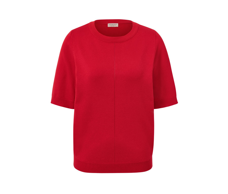 Roter Feinstrickpullover mit kurzen Ärmeln.