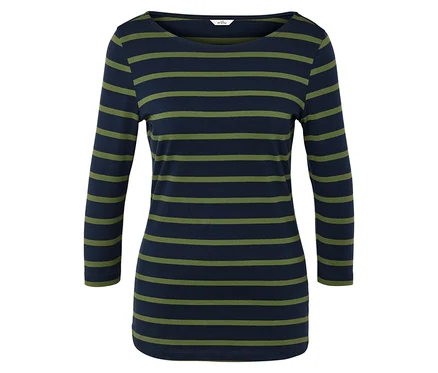 Damen Langarmshirt mit blau-grün gestreiften horizontalen Streifen.