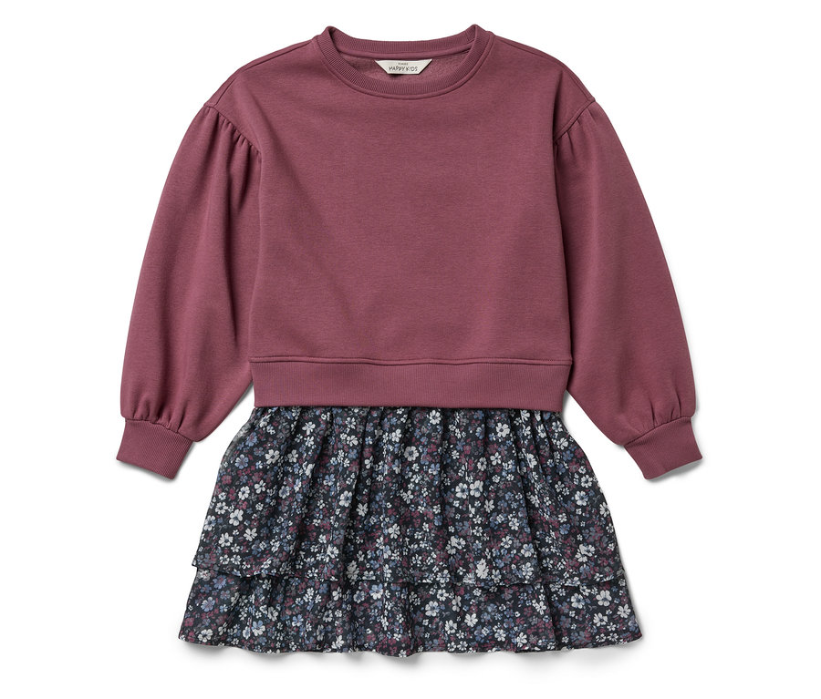 Lila Kleid mit langen Ärmeln und Blumenrock.