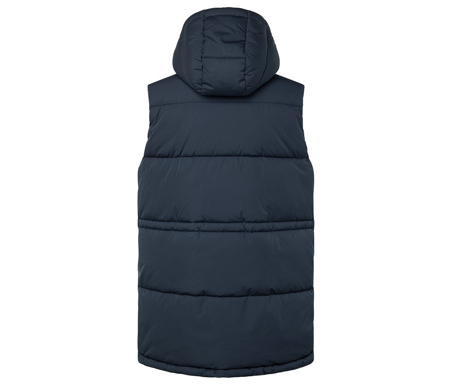 Dunkelblaue Steppweste mit Kapuze, Rückansicht.