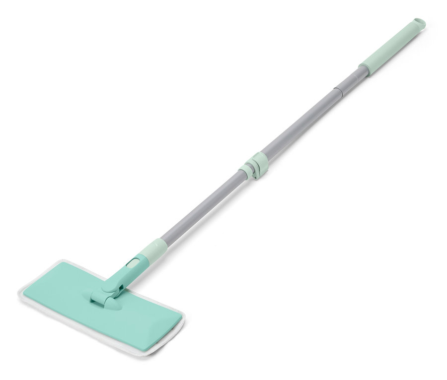 Ein grüner Mopp mit Teleskopstiel und weißem Reinigungspad.