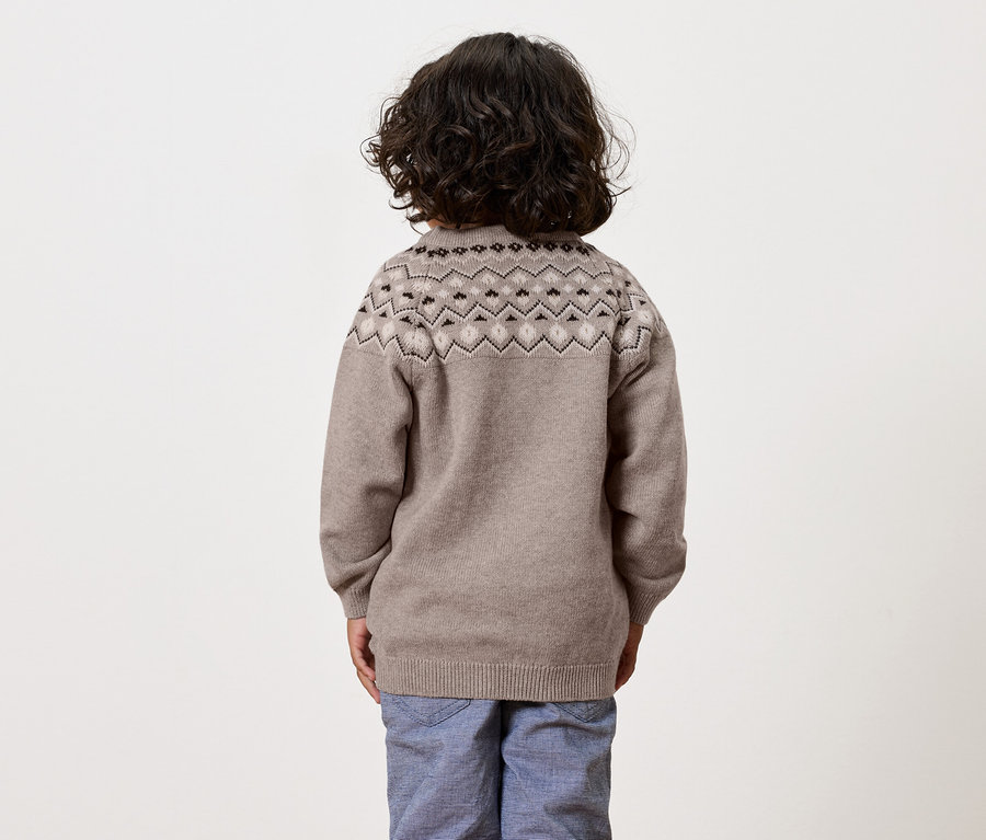 Junge mit dunklem lockigem Haar, der mit dem Rücken zur Kamera steht und einen braunen gemusterten Pullover und blaue Hosen trägt.