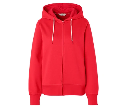 Roter Kapuzenpullover mit weißen Kordeln.