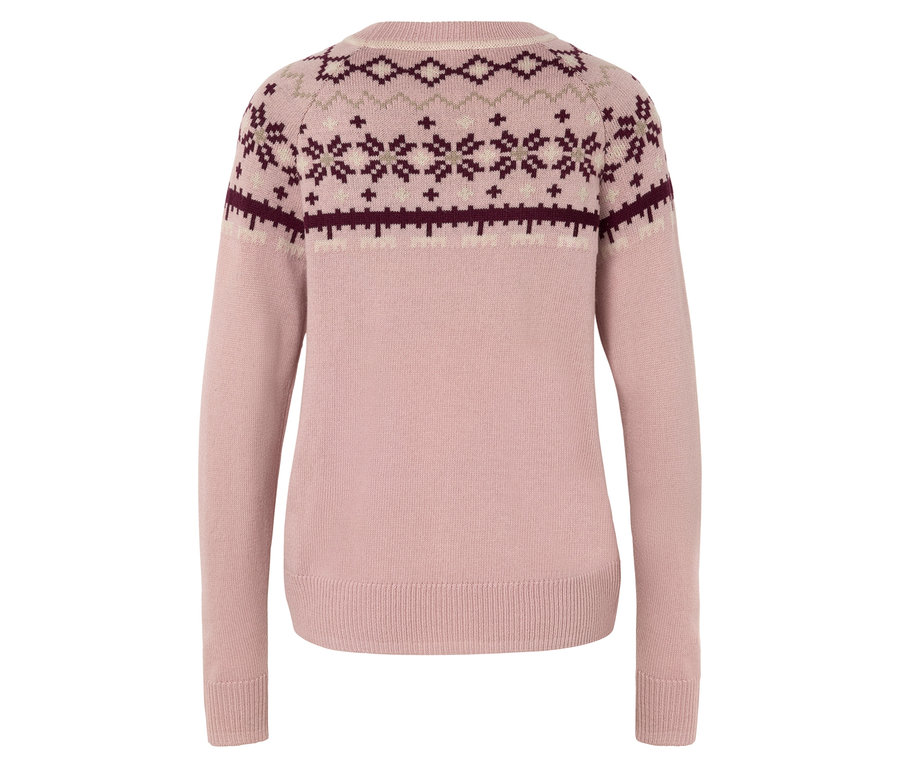Rosa Pullover mit geometrischem und floralem Muster an Schultern und Brust.