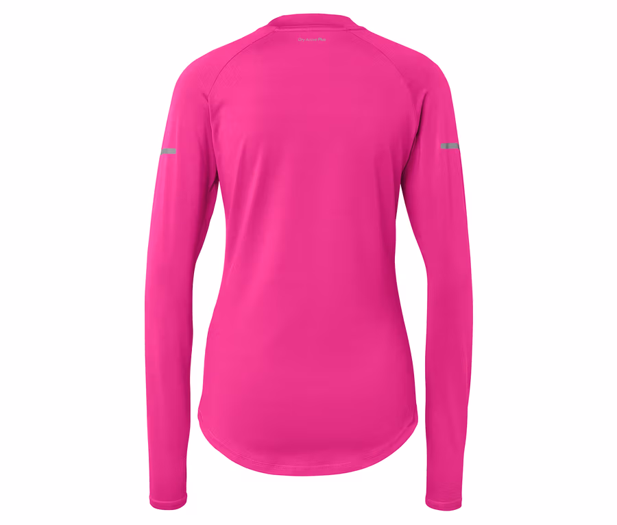 Detail der Rückseite eines pinkfarbenen Sport-Langarmshirts.