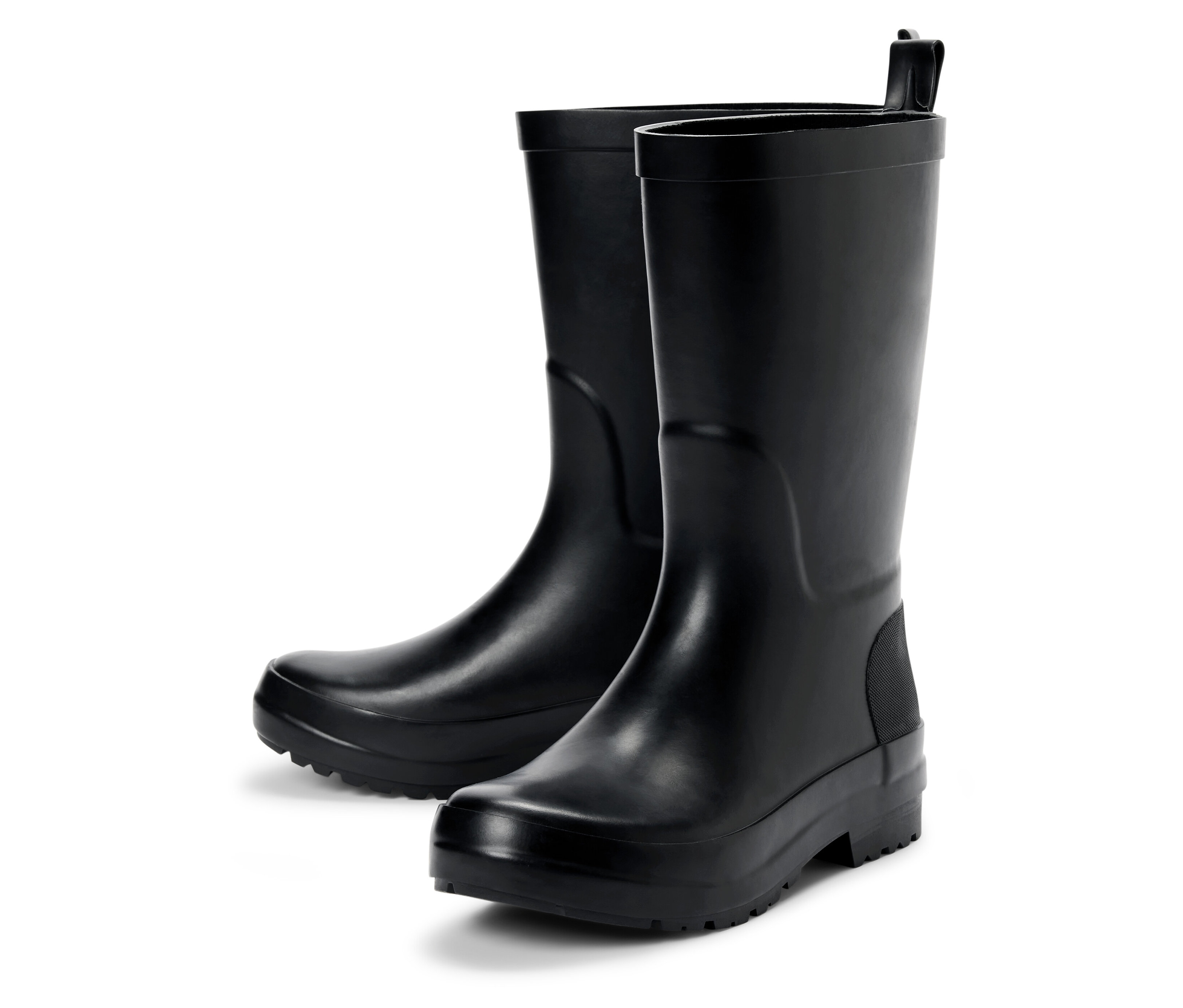 Zwei schwarze Kinder-Regenstiefel.