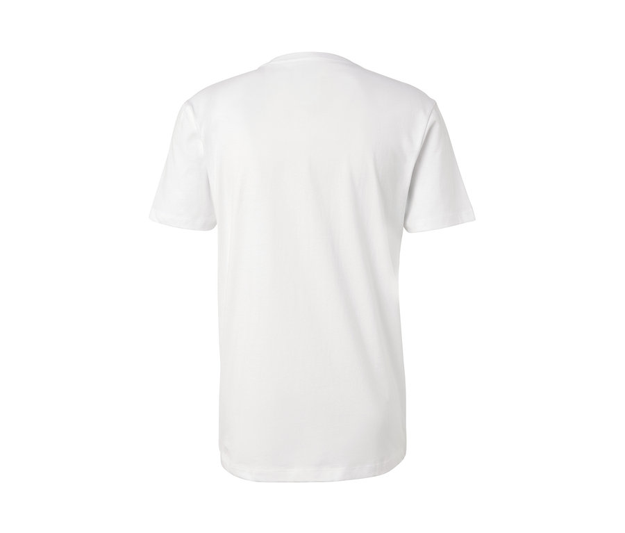 Rückansicht eines weißen, kurzärmeligen T-Shirts mit Rundhalsausschnitt. 3 T-Shirts mit Rundhalsausschnitt.