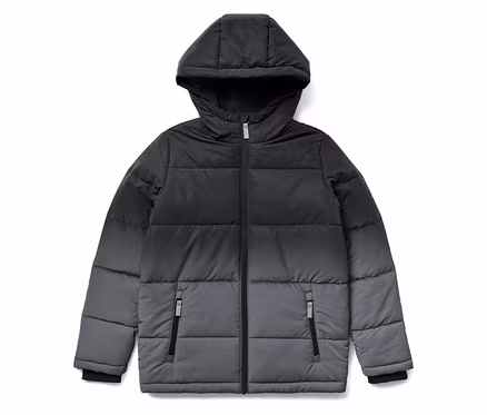 Schwarze und graue Daunenjacke mit Kapuze auf weißem Hintergrund.