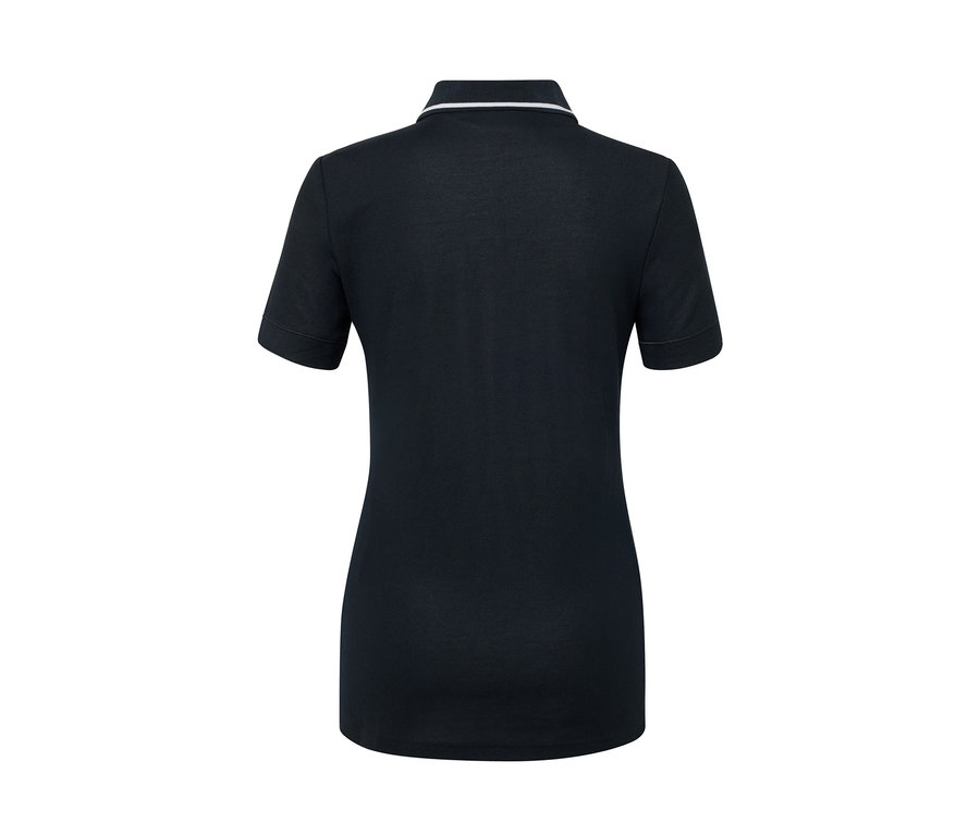 Dunkelblaues Funktionspoloshirt mit weißem Saum am Kragen, Rückansicht.