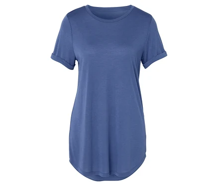 Blaues T-Shirt mit kurzen Ärmeln und Rundhalsausschnitt.