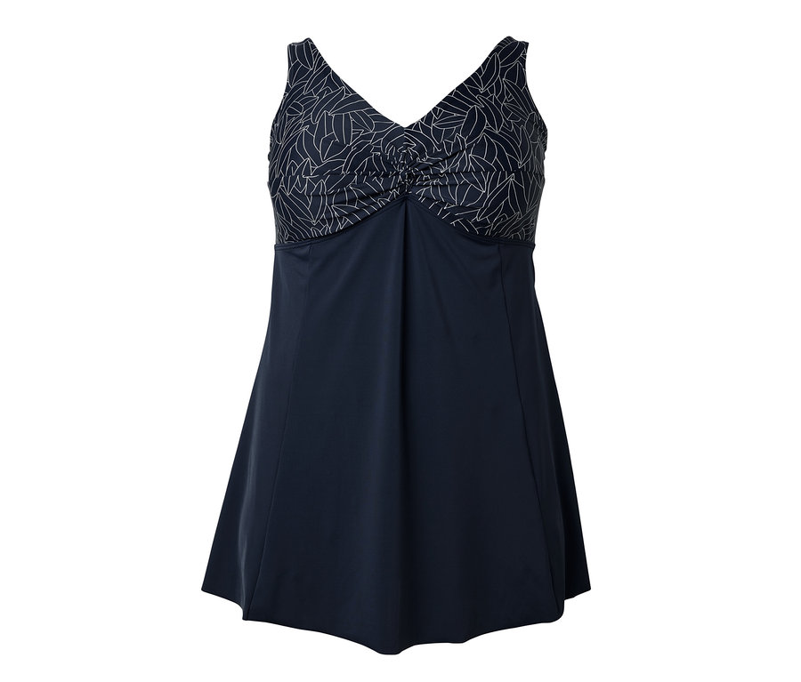 Blaues Badekleid mit weißem Blattmuster.