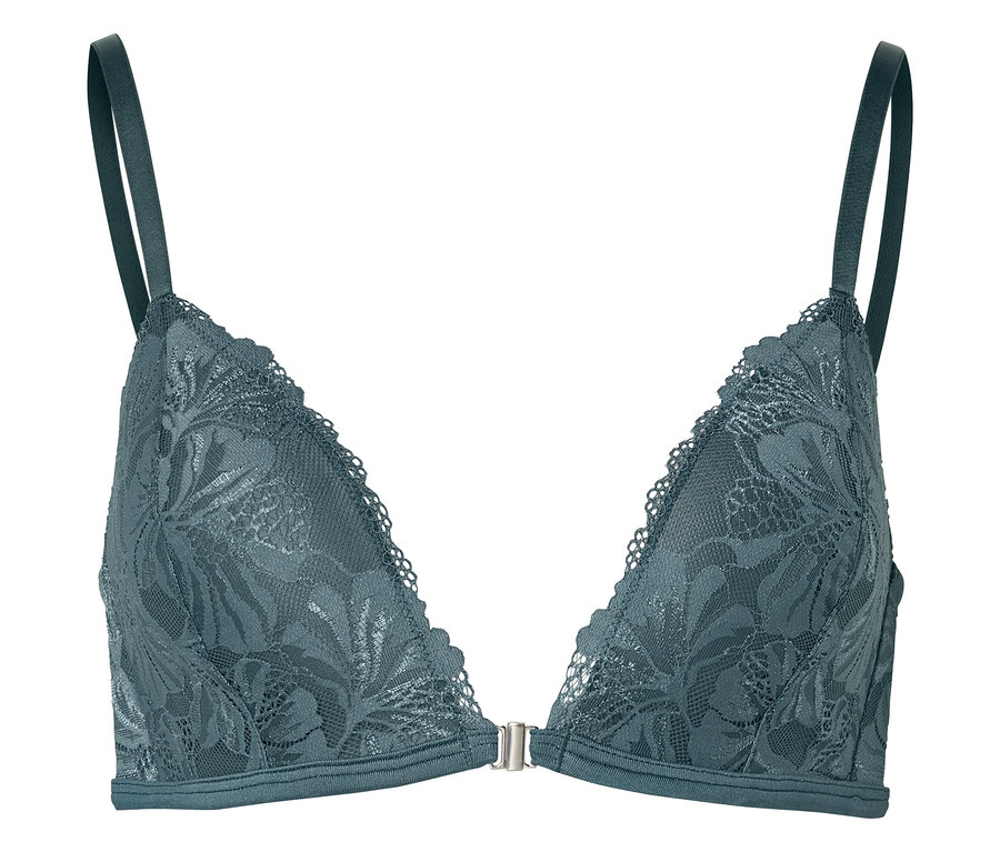 Ein grüner Spitzen-BH mit Bügel und verstellbaren Trägern liegt auf einem weißen Hintergrund.