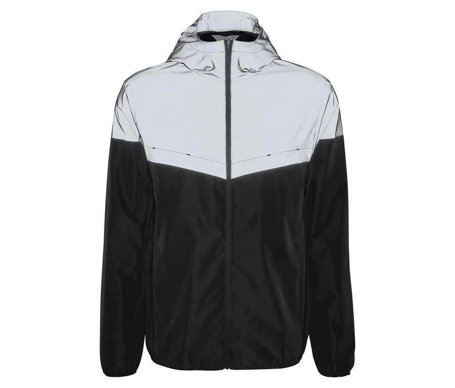 Frontale Aufnahme einer Kapuzenjacke in Schwarz und reflektierendem Grau mit Reißverschluss.