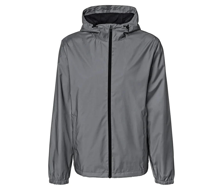 Graue, geschlossene Regenjacke mit Kapuze und schwarzem Reißverschluss.