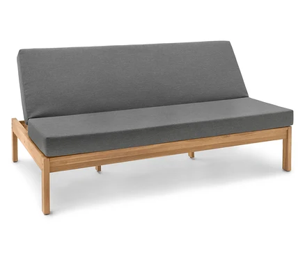Graues Sofa mit Holzrahmen.