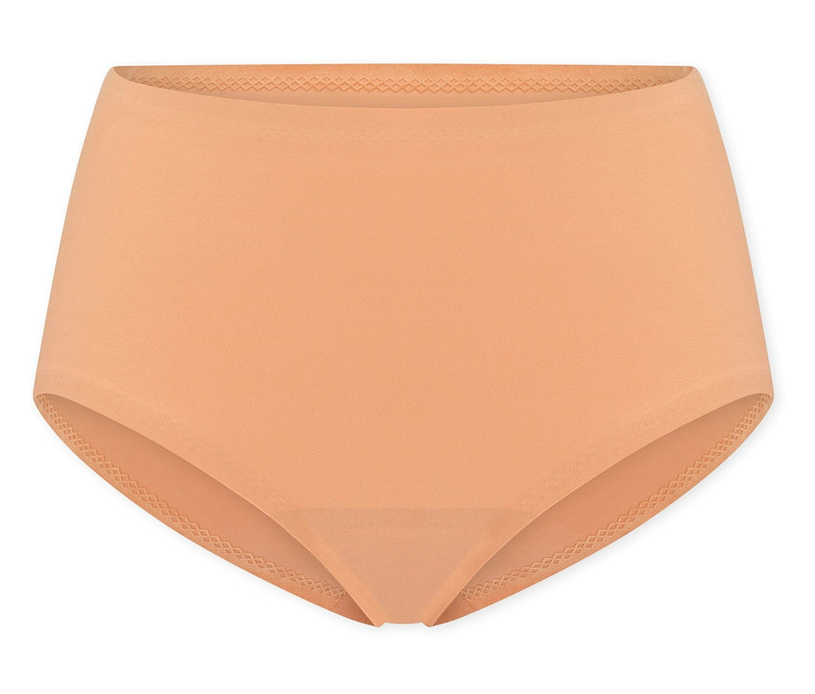 Pfirsichfarbener, hoch taillierter Slip mit Zierdetails am Bund und an den Beinöffnungen.