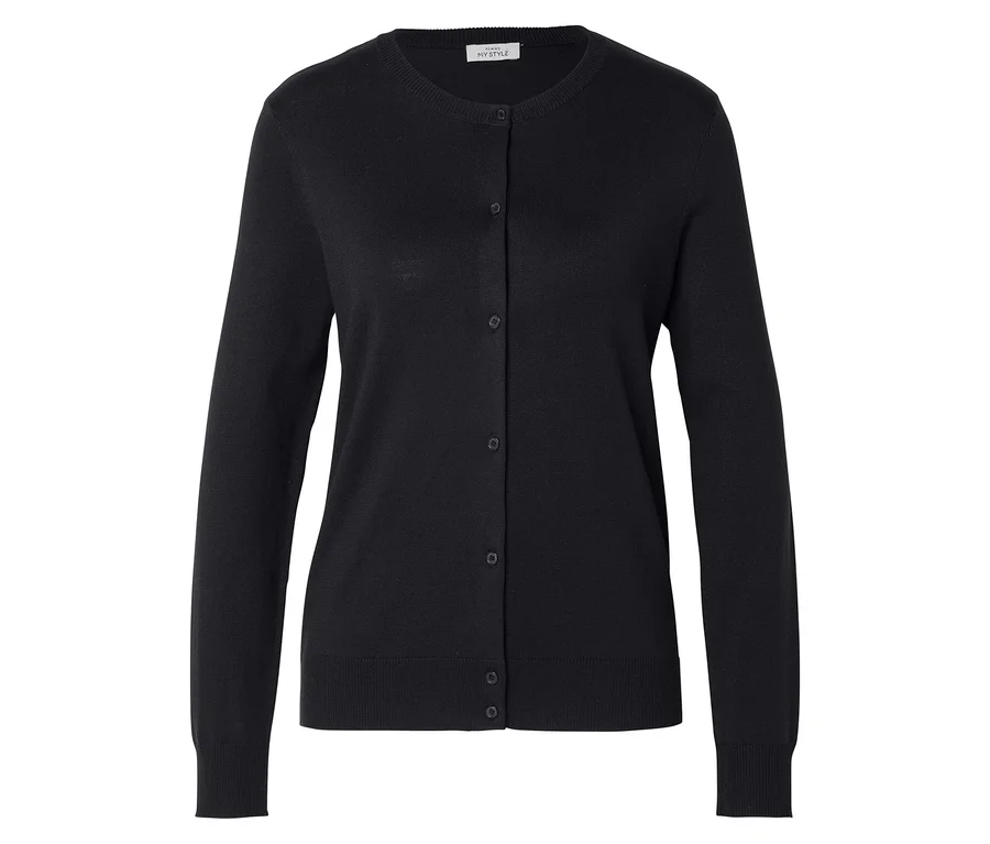 Schwarze, langärmlige Strickjacke mit rundem Kragen und Knopfleiste.