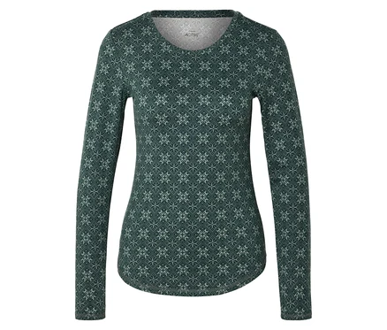 Grün-weiß gemustertes, langärmliges Shirt mit Rundhalsausschnitt liegt auf einem weißen Hintergrund.