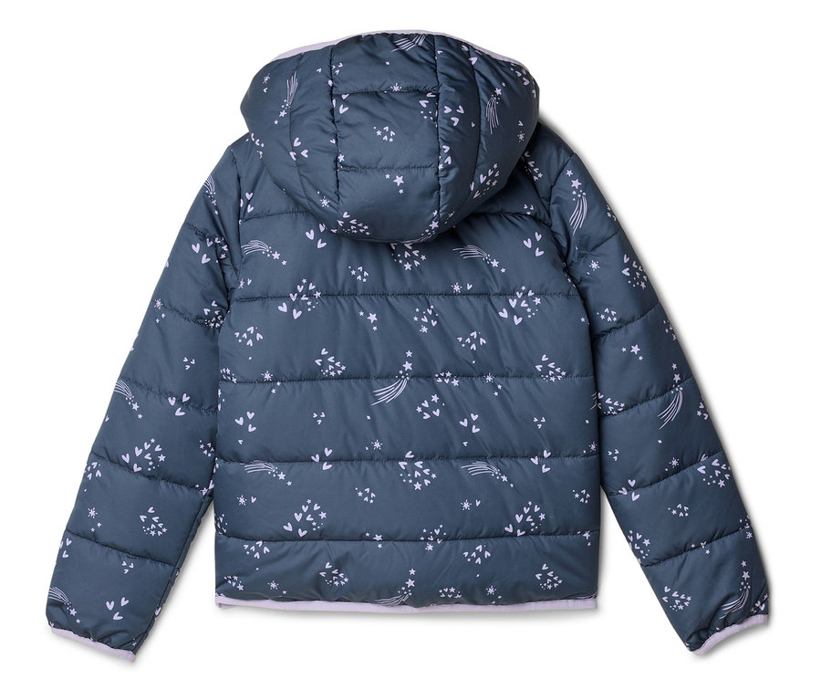 Rückansicht einer dunkelgrauen, gesteppten Jacke mit Kapuze und hellem Muster.