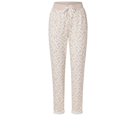 Beige Hose mit abstraktem, weißem Muster und Tunnelzugbund.