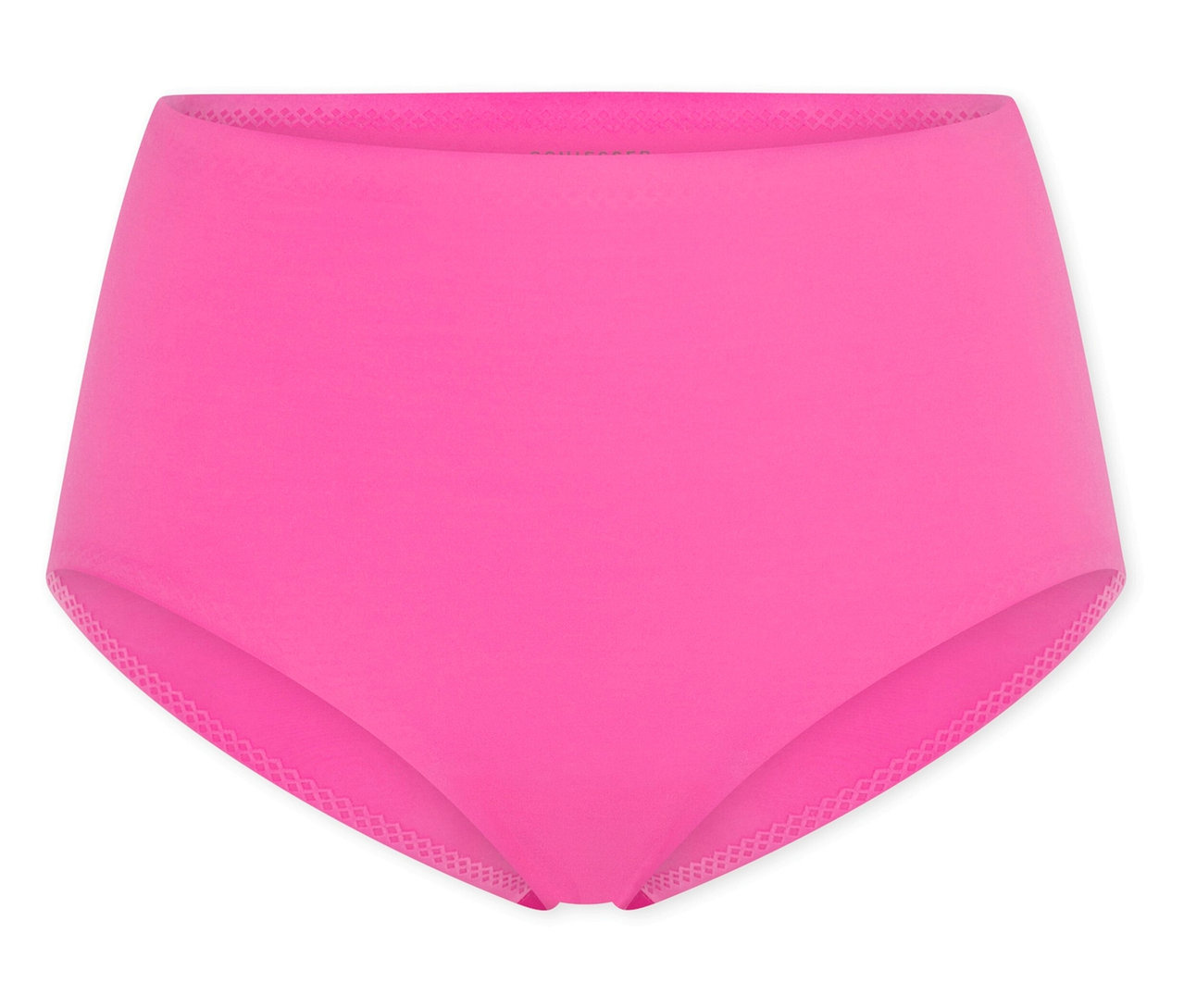 Pinke, hoch taillierte Bikinihose auf weißem Hintergrund.