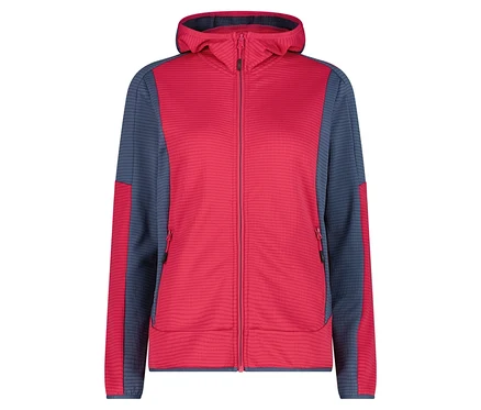 Eine rot-blaue Fleecejacke mit Kapuze und Reißverschluss ist zu sehen.