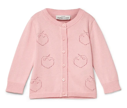 Rosa Strickjacke mit Apfelmuster.