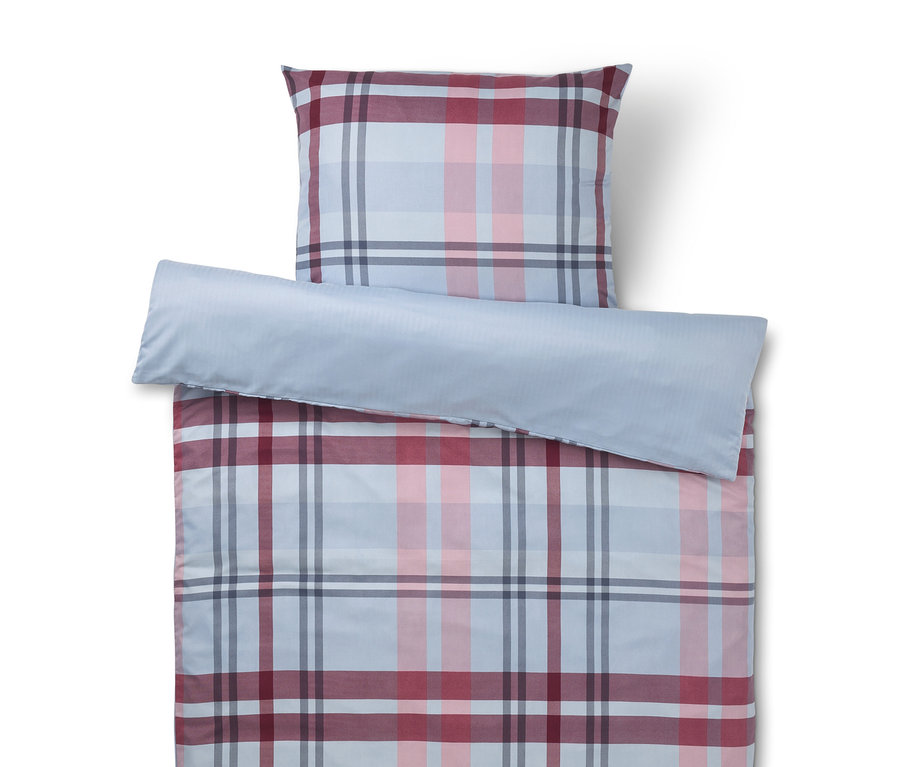 Bettwäsche-Set mit Karomuster in Hellblau, Rosa, Rot und Dunkelgrau, Rückseite einfarbig Hellblau.