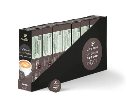 Eine Packung Cafissimo Caffè Crema kräftig - 80 Kapseln ist zu sehen. Auf der Verpackung ist eine Tasse Kaffee abgebildet.