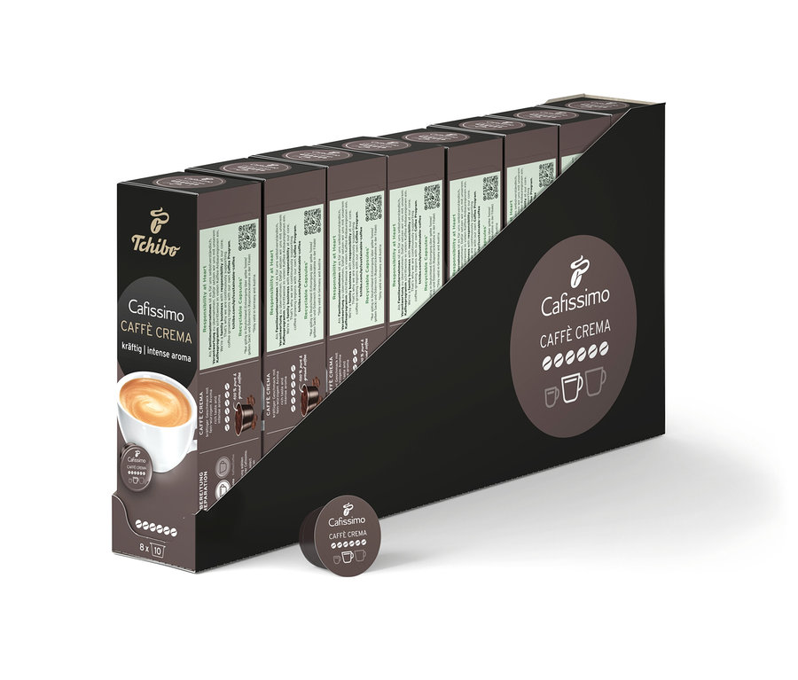 Eine Packung Cafissimo Caffè Crema kräftig - 80 Kapseln ist zu sehen. Auf der Verpackung ist eine Tasse Kaffee abgebildet.