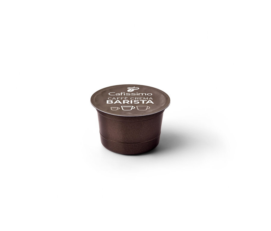 Detailaufnahme einer einzelnen braunen Cafissimo BARISTA Caffè Crema Kapsel.