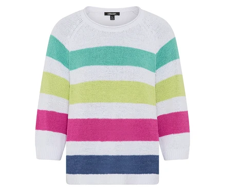 Olsen Pullover mit horizontalen Streifen in Weiß, Mintgrün, Limettengrün, Fuchsia und Dunkelblau.