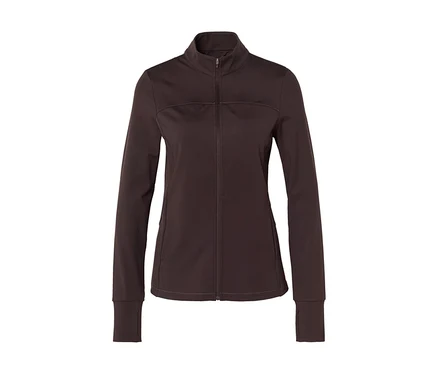 Dunkelbraune Sportjacke mit Stehkragen, durchgehendem Reißverschluss und langen Ärmeln mit Bündchen.