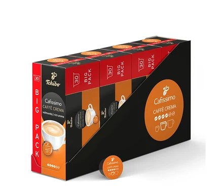 Eine Packung Cafissimo Caffè Crema vollmundig - 120 Kapseln ist zu sehen. Die Packung ist schwarz mit orangefarbenen Akzenten.