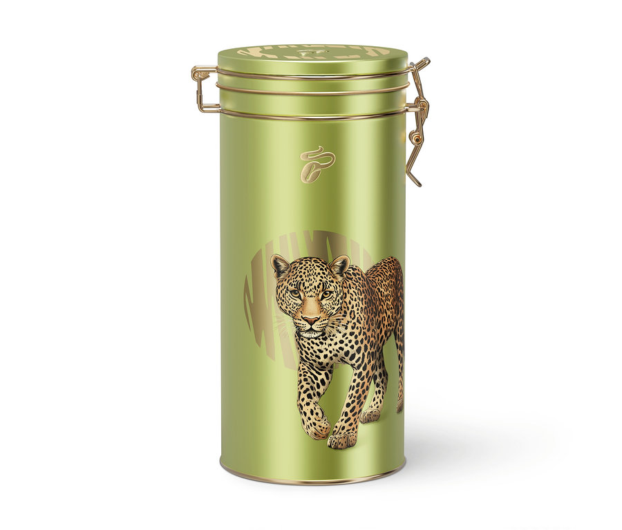 Hellgrüne Kaffeedose Rarität »Buramba Rwanda« mit goldfarbenem Klappverschluss und einem schreitenden Leoparden auf der Vorderseite.