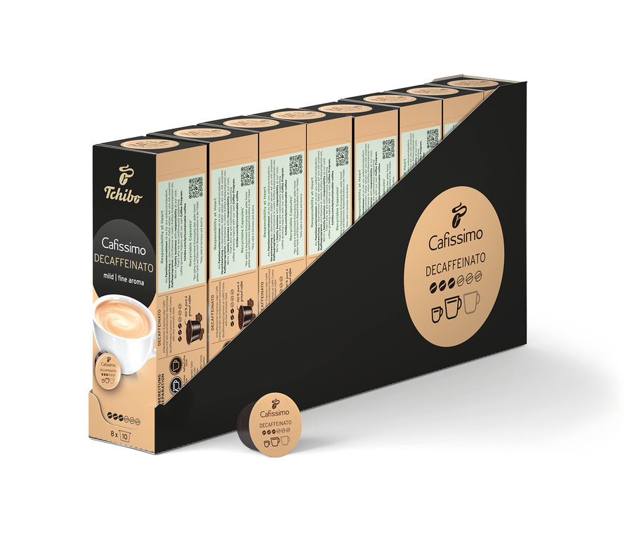 Verpackung von Tchibo Cafissimo Decaffeinato - entkoffeiniert - 80 Kapseln.