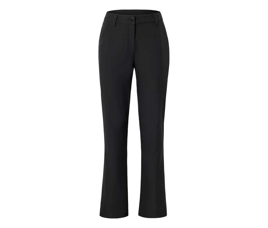 Schwarze Hose mit Knopfverschluss, Vordertaschen und geradem Bein.