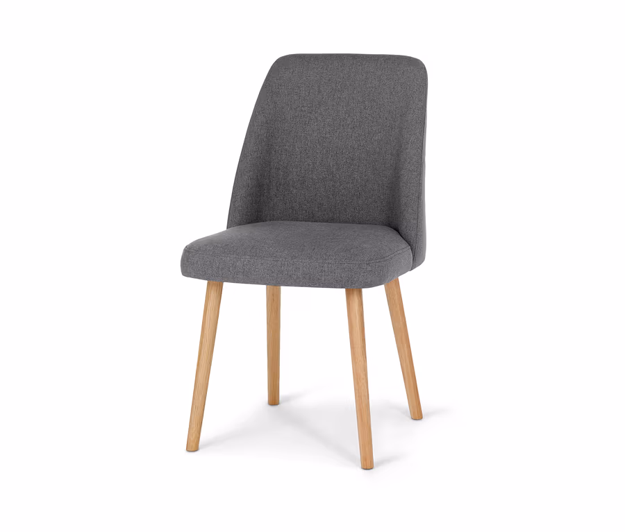 Grauer, gepolsterter Esszimmer-Stuhl mit Holzbeinen.