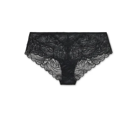 Schwarzer, durchsichtiger Hipster-Slip aus Spitze auf weißem Hintergrund.