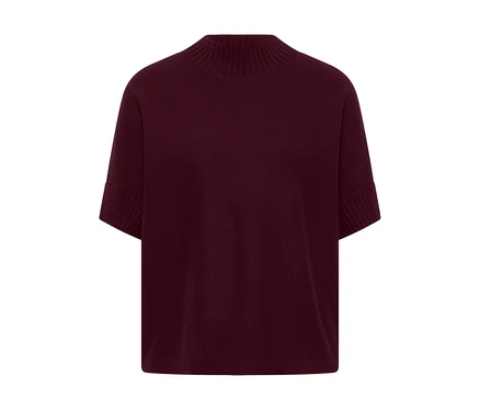 Bordeauxroter CECIL Strickpullover mit kurzen Ärmeln und Stehkragen, flach liegend.